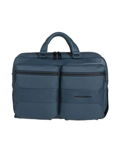Piquadro Man Handbag Navy Blue Size - Textile Fibers, Leather In Navy Blue