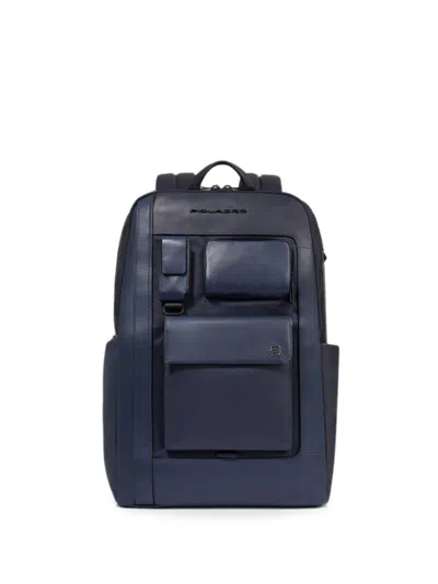 Piquadro Multi-pocket Leather Backpack In Blue
