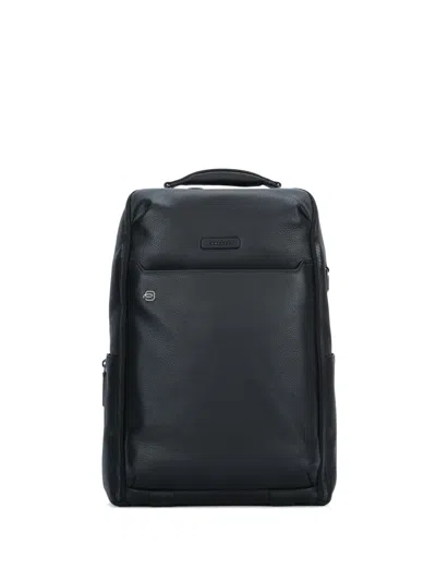 Piquadro Pebbled Leather Backpack In Black