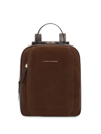 Piquadro Rfid-shielded Suede Leather Backpack In Brown