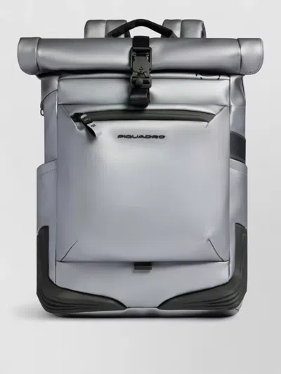 Piquadro Roll Top Fabric Backpack Adjustable Straps In Silver