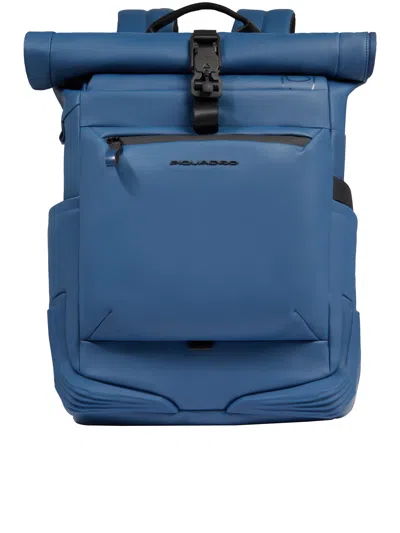 Piquadro Roll-top Fabric Backpack In Blue