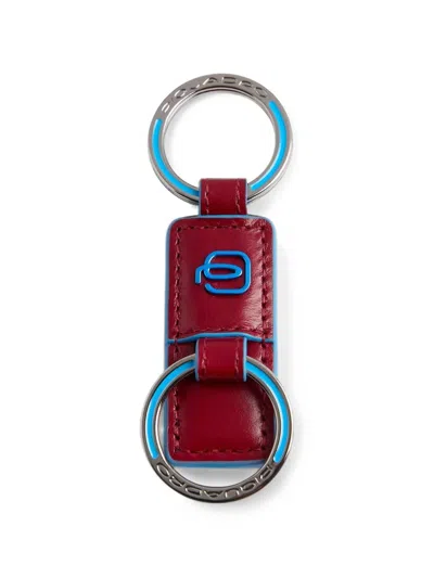Piquadro Slim Leather Two-ring Keychain In Red