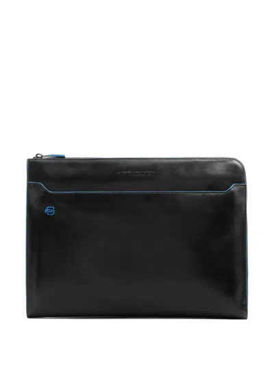 Piquadro Stow-away Handle Leather Clutch Bag In Black