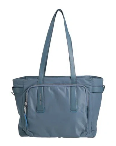 Piquadro Woman Shoulder Bag Pastel Blue Size - Recycled Nylon, Bovine Leather