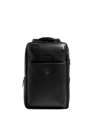 Piquadro X Maserati Logo-plaque Leather Backpack In Black