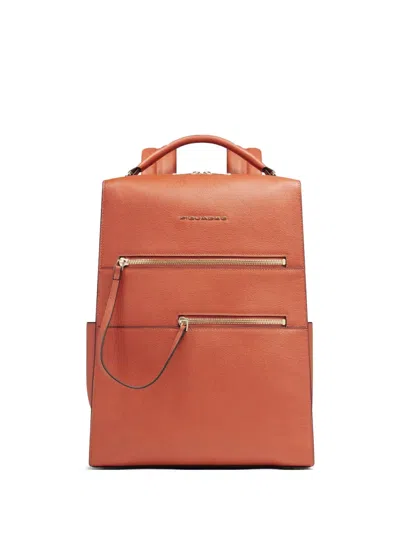 Piquadro Zip Leather Backpack In Orange
