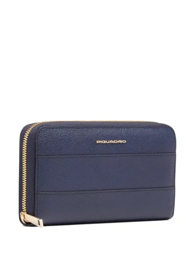 Piquadro Zip-around Leather Wallet In Blue