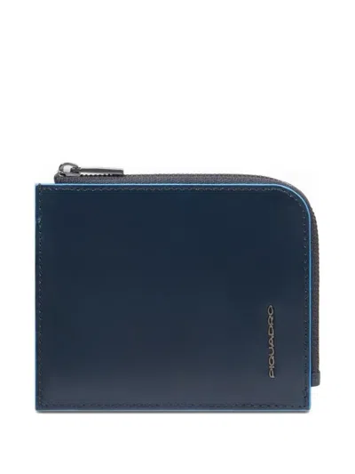 Piquadro Zipped Leather Card Holder In Blue