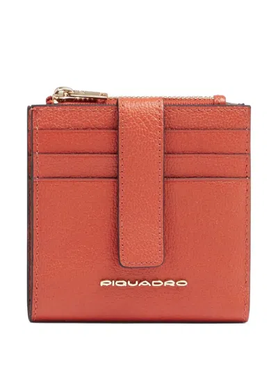 Piquadro Zipped Leather Cardholder In Orange