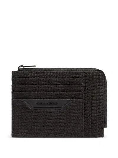 Piquadro Zipped Leather-trim Card Holder In Black