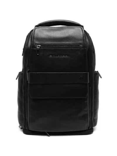 Piquadro Zip-up Leather Backpack In Black