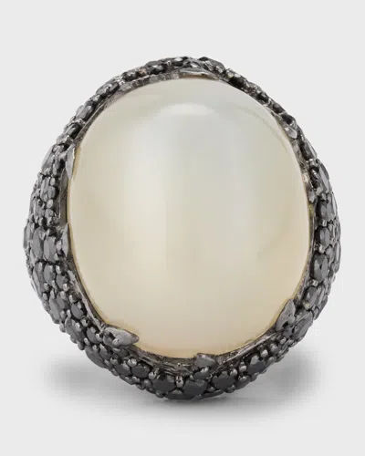 Piranesi 18k Black Gold Cabochon White Moonstone And Black Diamond Ring In Gray