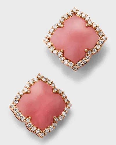 Piranesi 18k Rose Gold Carved Pink Opal And Round Diamond Small Stud Earrings