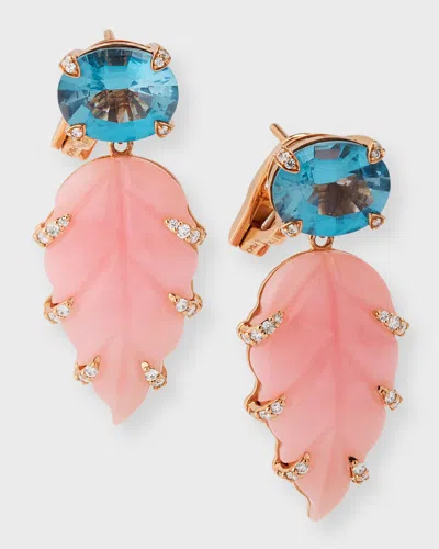 Piranesi 18k Rose Gold Oval Blue Topaz, Carved Pink Opal And Round Diamond Earrings