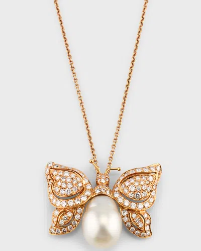 Piranesi 18k Rose Gold White South Sea Pearl And Diamond Butterfly Pendant Necklace