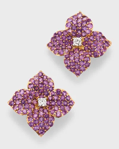 Piranesi 18k White And Rose Gold Pave Amethyst Small Flower Stud Earrings With Round Diamonds