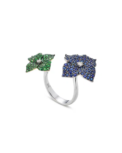 Piranesi 18k White Gold Double Flower Diamond, Sapphire & Tsavorite Ring In Blue/green