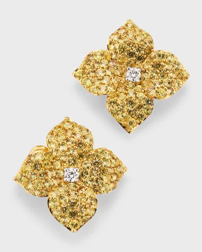 Piranesi 18k Yellow Gold Pave Yellow Sapphire And Round Diamond Flower Earrings