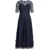 Pisarro Nights 3d Floral Beaded Gown In Navy