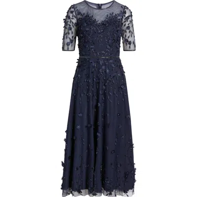 Pisarro Nights 3d Floral Beaded Gown In Navy