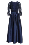 Pisarro Nights 3d Floral Beaded Taffeta Dress In Navy