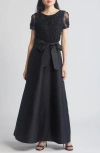 Pisarro Nights 3d Floral Bodice Beaded Gown In Black