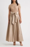 Pisarro Nights 3d Floral Bodice Beaded Gown In Brown