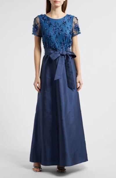 Pisarro Nights 3d Floral Bodice Beaded Gown In Denim