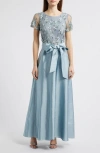 Pisarro Nights 3d Floral Bodice Beaded Gown In Light Blue