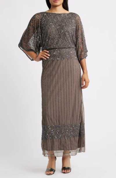 Pisarro Nights Beaded Blouson Split Sleeve Gown In Silver