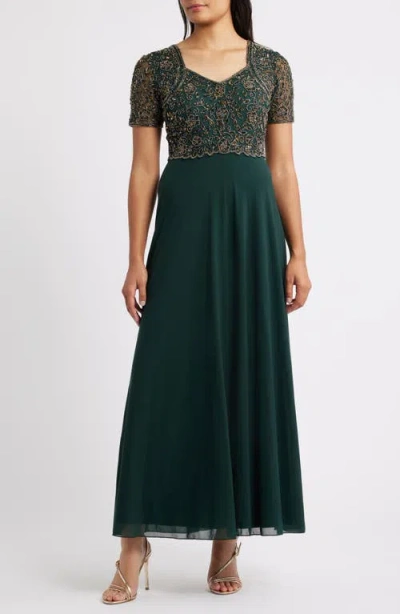 Pisarro Nights Beaded Bodice A-line Gown In Green