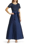 Pisarro Nights Beaded Bodice Mixed Media Gown