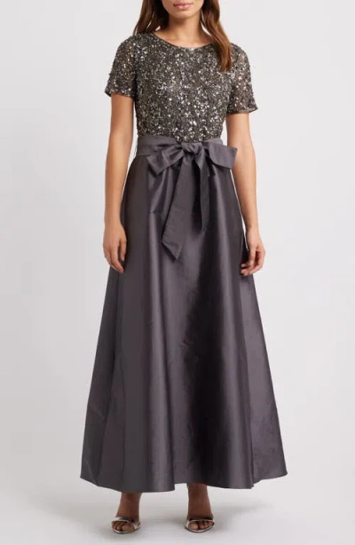 Pisarro Nights Beaded Bodice Mixed Media Gown In Grey