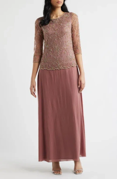 Pisarro Nights Beaded Bodice Satin Gown In Pink