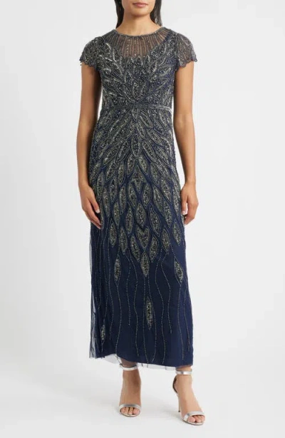 Pisarro Nights Beaded Cap Sleeve Column Gown In Navy 410