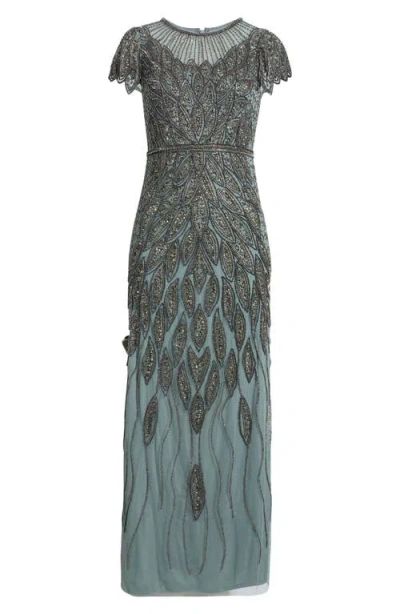 Pisarro Nights Beaded Cap Sleeve Column Gown In Teal 401