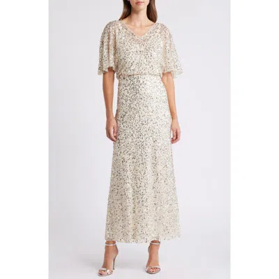 Pisarro Nights Beaded Capelet Gown In Champagne