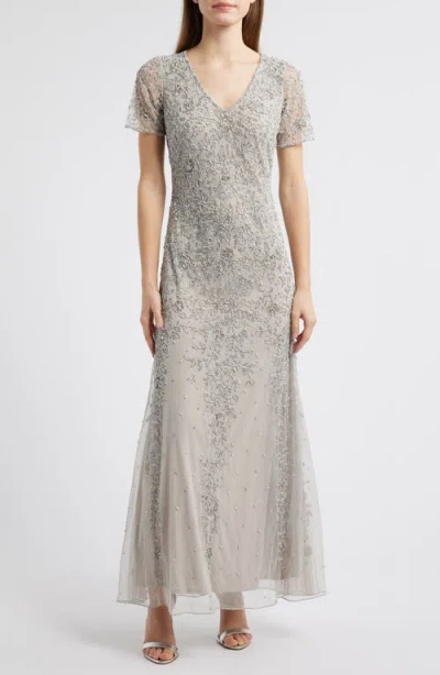 Pisarro Nights Beaded Chiffon Gown In Silver 040