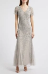Pisarro Nights Beaded Chiffon Gown In Silver