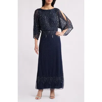 Pisarro Nights Beaded Cold Shoulder Blouson Cocktail Dress In Navy
