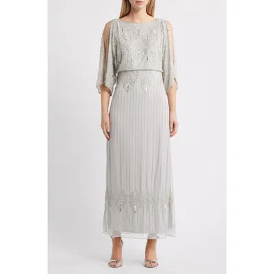 Pisarro Nights Beaded Cold Shoulder Blouson Cocktail Dress In Silver