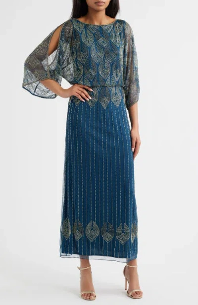Pisarro Nights Beaded Cold Shoulder Cocktail Dress In Blue