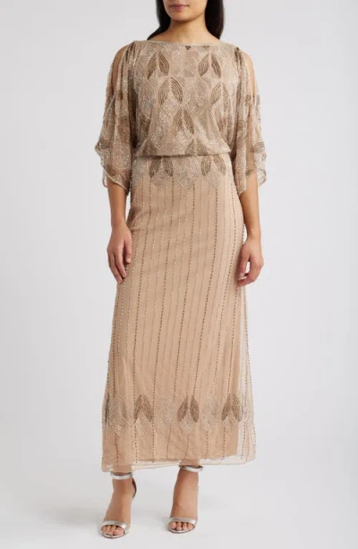Pisarro Nights Beaded Cold Shoulder Cocktail Dress In Beige