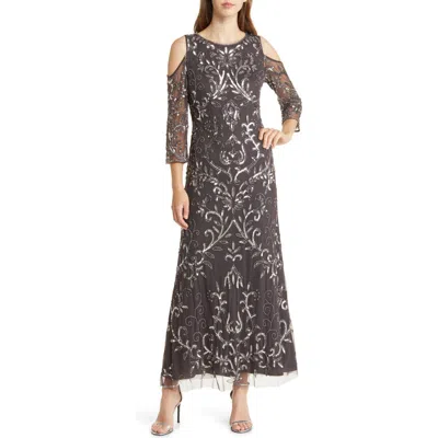 Pisarro Nights Beaded Cold Shoulder Gown In Ash