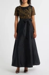 Pisarro Nights Beaded Embroidered Short Sleeve Taffeta A-line Gown In Black