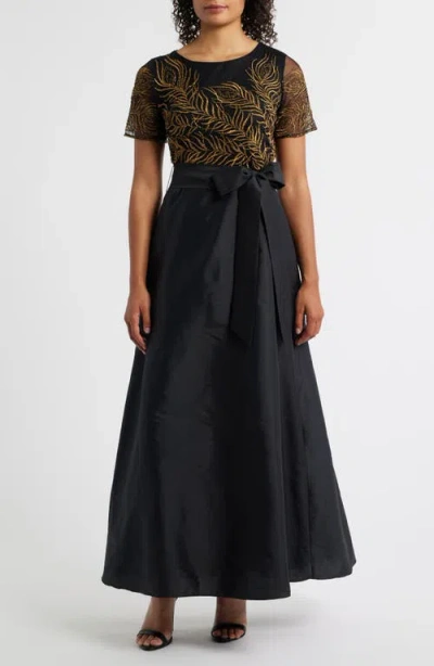 Pisarro Nights Beaded Embroidered Short Sleeve Taffeta A-line Gown In Black