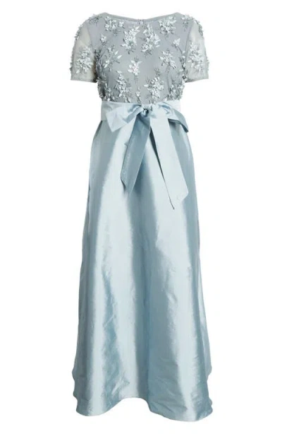 Pisarro Nights Beaded Floral Appliqué Bodice Short Sleeve Gown In Blue 400