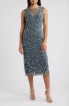 Pisarro Nights Beaded Floral Cocktail Midi Dress In Grey