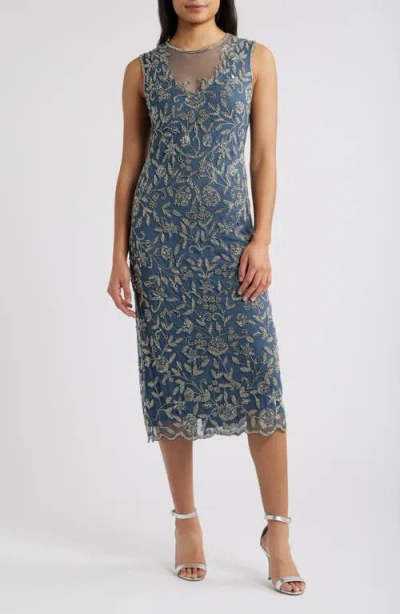Pisarro Nights Beaded Floral Cocktail Midi Dress In Grey